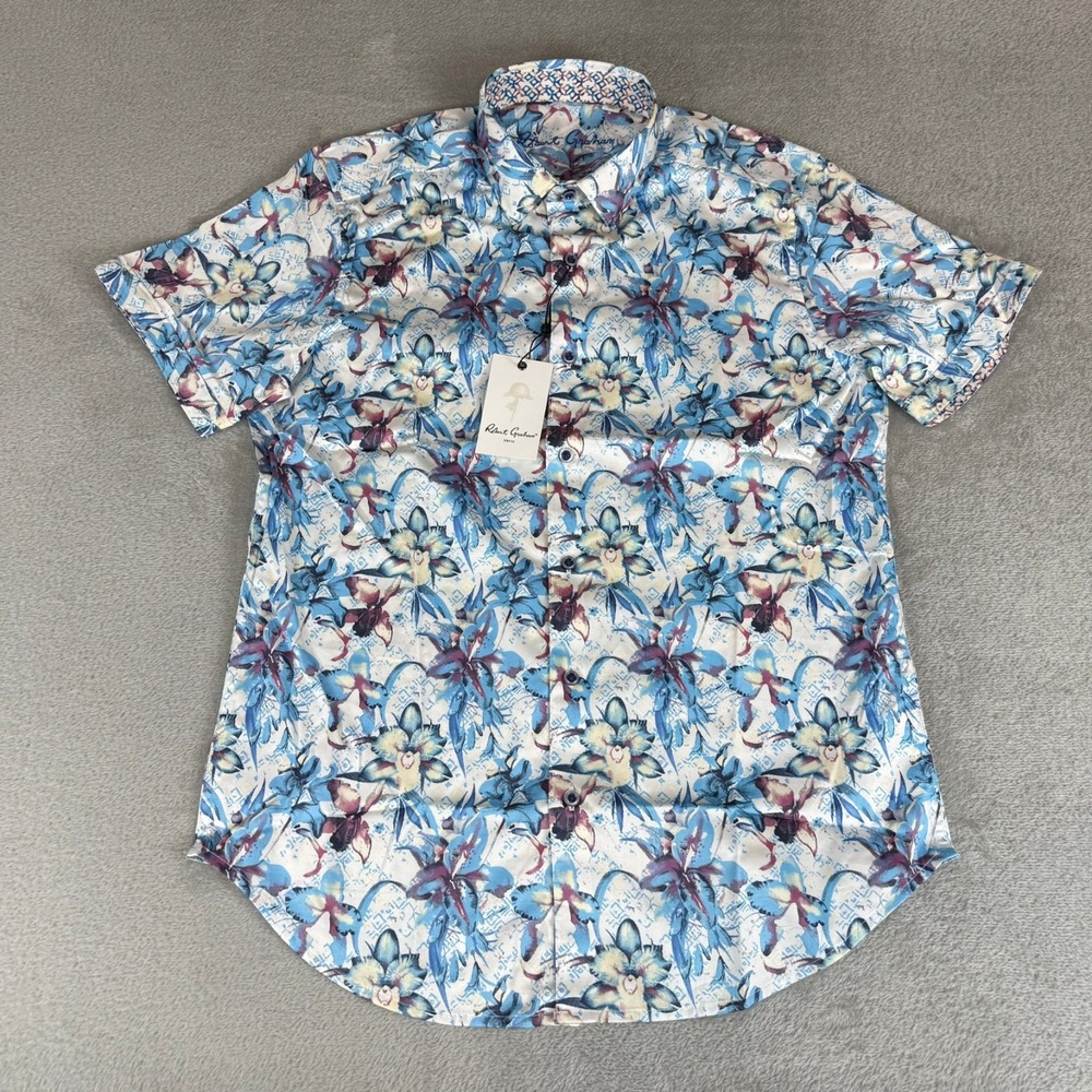 Robert Graham Durkin Button-Up Shirt Mens Small Blue Floral Stretch $188 New NWT